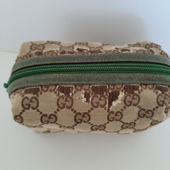 Gucci Logo Vintage Pouch Bag Clutch Zip Small Canvas Leather Beige Green Fair - Picture 3 of 11